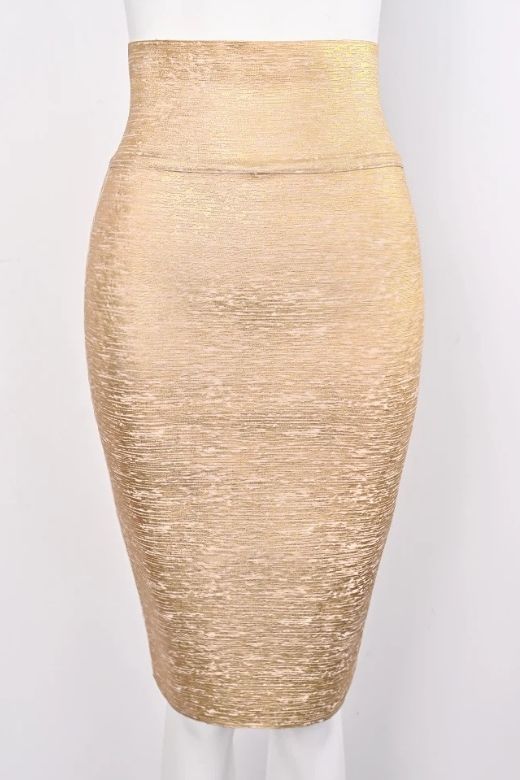 High Waist Leather Pencil Skirt Midi Length - Gold - Image 8