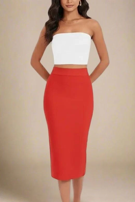 Pencil High Waist Bandage Midi Skirt - Lipstick Red - Image 4