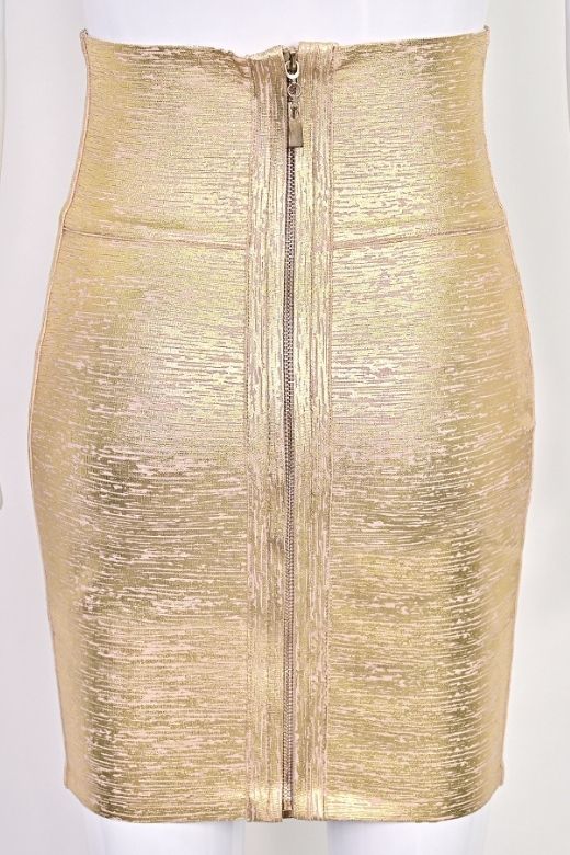 High Waist Leather Pencil Skirt Mini Length - Gold - Image 9