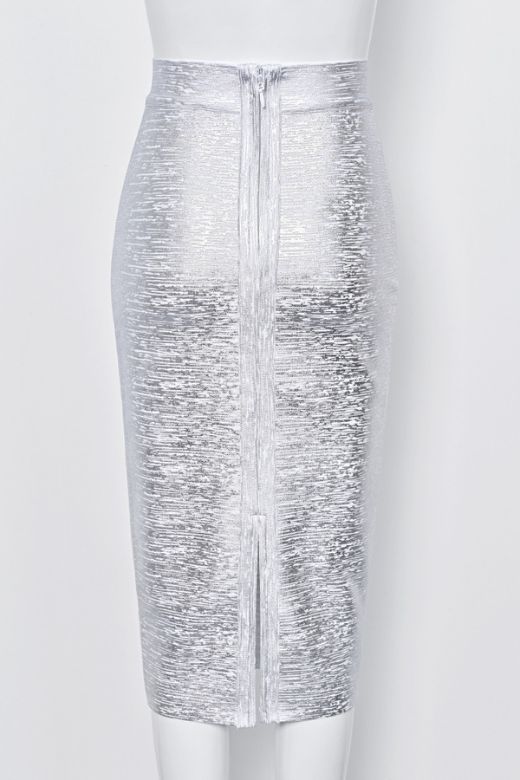 High Waist Leather Pencil Skirt Midi Length - Metallic Silver - Image 11
