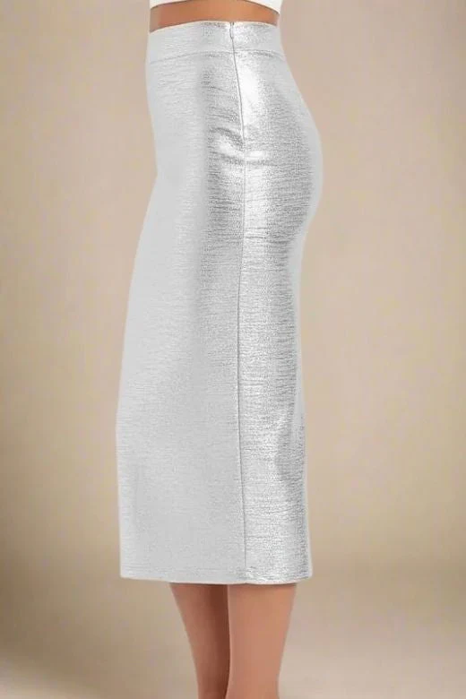 High Waist Leather Pencil Skirt Midi Length - Metallic Silver - Image 2