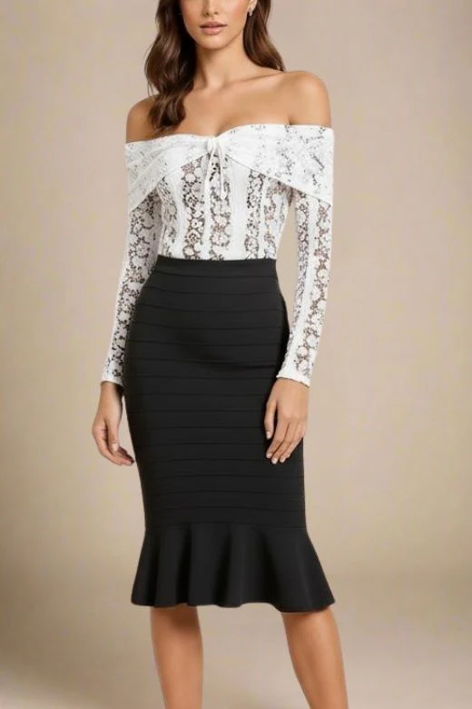 Peplum High Waist Bandage Midi Skirt - Classic Black