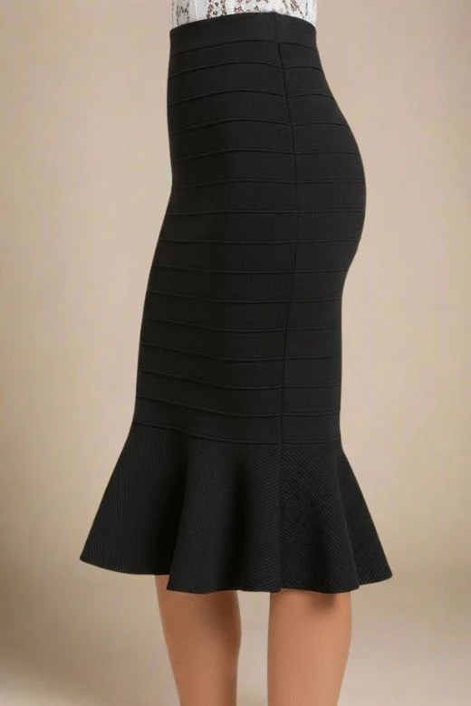 Peplum High Waist Bandage Midi Skirt - Classic Black - Image 2
