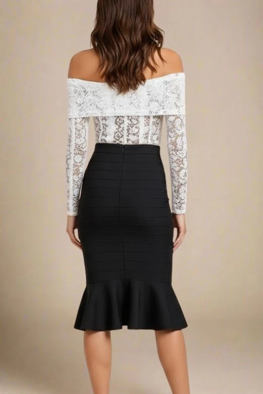 Peplum High Waist Bandage Midi Skirt - Classic Black - Image 3