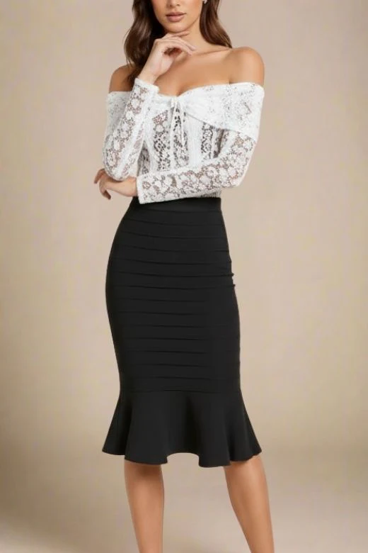 Peplum High Waist Bandage Midi Skirt - Classic Black - Image 5