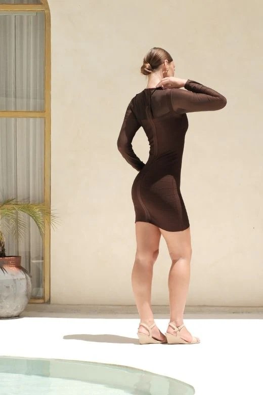 Robin Long Sleeve Bandage Mini Dress - Tan Brown - Image 3
