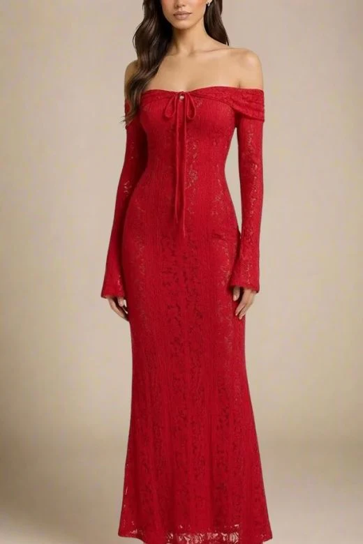 Rose Long Sleeve Bodycon Maxi Dress - Lipstick Red - Image 5
