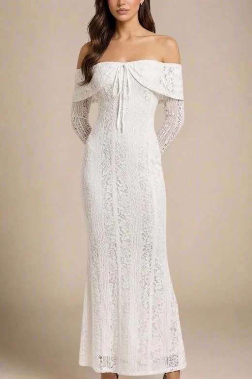 Rose Long Sleeve Bodycon Maxi Dress - White Pearl - Image 3