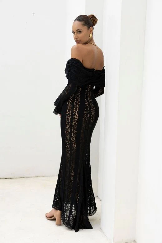 Rose Long Sleeve Bodycon Maxi Dress - Classic Black - Image 6