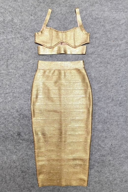 Selene Bandage Crop Top and Midi Skirt Set - Gold - Image 5