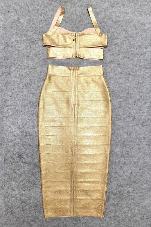 Selene Bandage Crop Top and Midi Skirt Set - Gold - Image 6